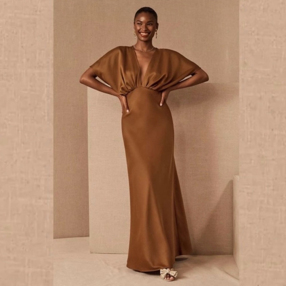 BHLDN Leila Satin Charmeuse Deep V Flutter Sleeve A-Line Gown